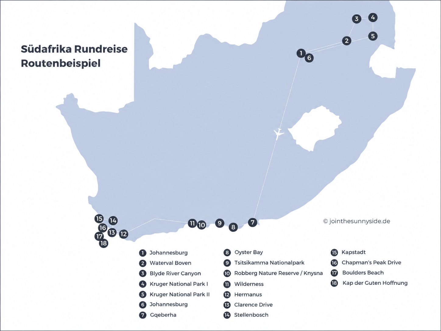 Route unserer 3-wöchigen Südafrika Rundreise von Johannesburg über Kruger und Garden Route bis Kapstadt