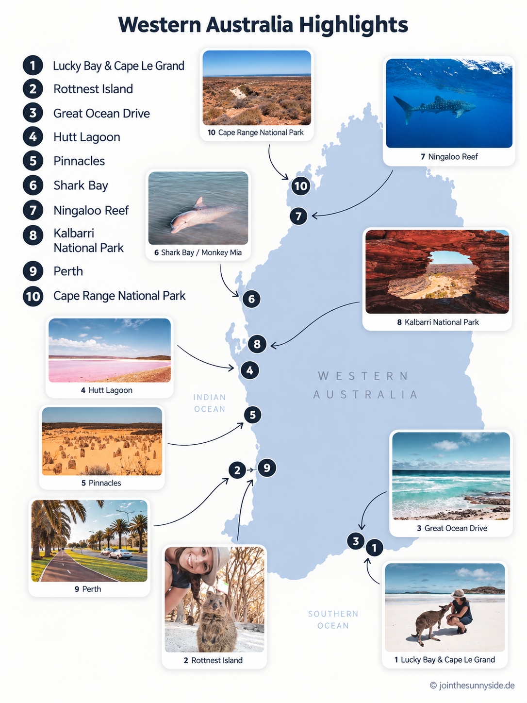 Karte mit meinen 10 schönsten Western Australia Sehenswürdigkeiten und Highlights